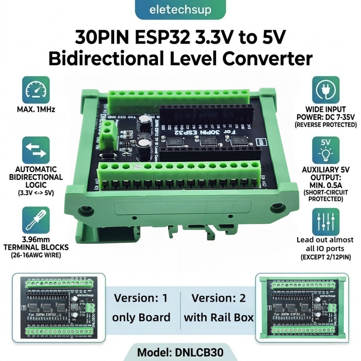 Level Shifter 3.3V - ESP32 30P DINレールアダプタ、3.3Vから5Vへの双方向ロジックレベルシフタ（産業用PLC向け）、1MHz高速レベルコンバータ