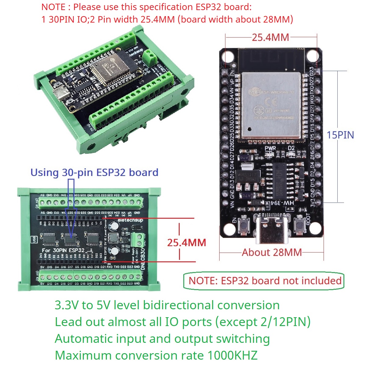 ESP32 30P DINレールアダプタ、3.3Vから5Vへ - Level Shifter 3.3V のレビューと価格